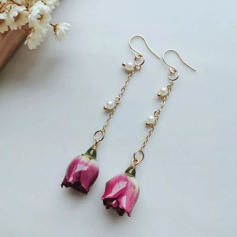 Unique Immortal Flower Earrings Women Elegant Flower Long Tassel Earrings Epoxy Resin Natural Rose Earrings Jewelry Wholesale