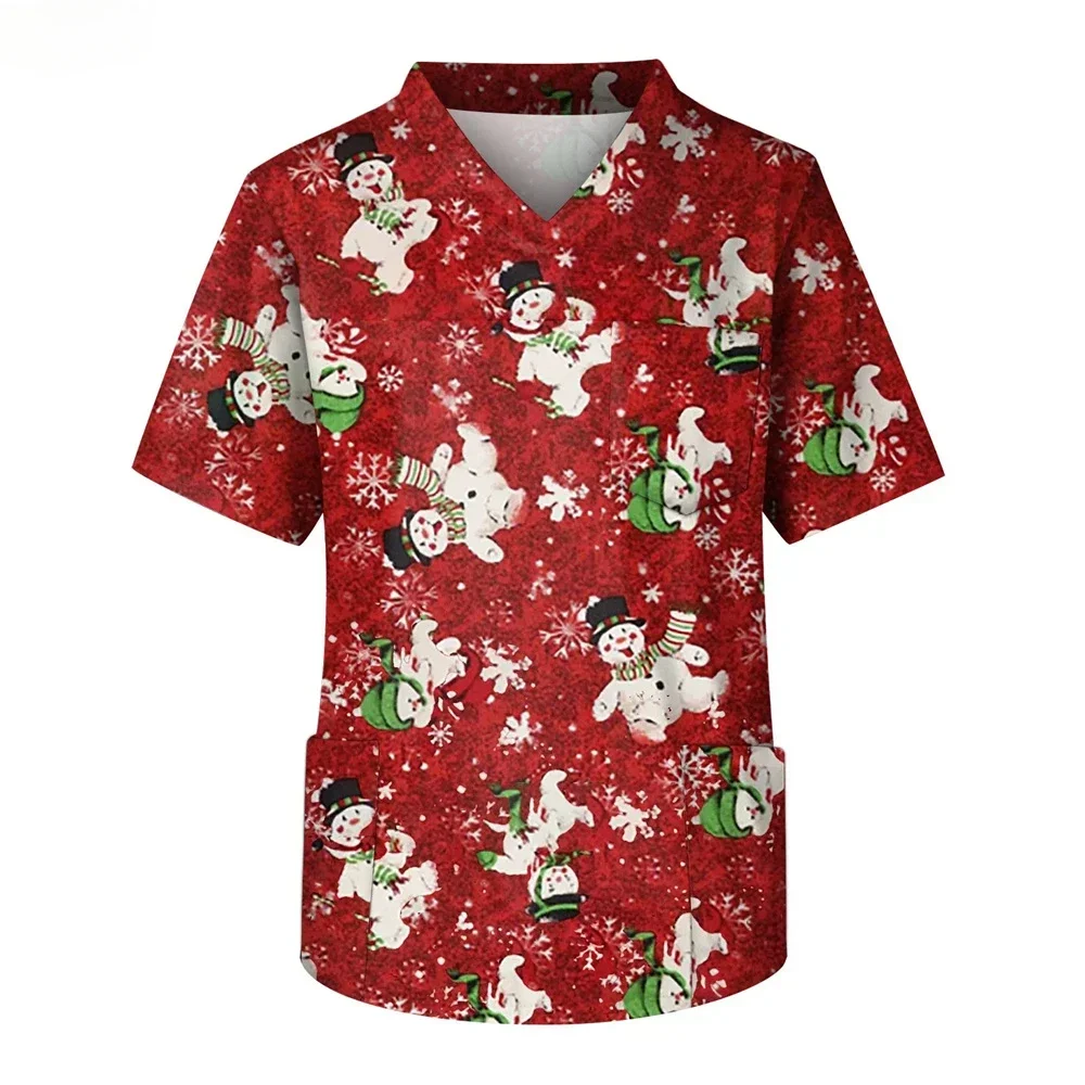 Christmas Uniform Medical Blouses Cotton Cartoon Printed Work Wear Breathable Short Sleeved Top Doctor Nurse Medical Scrub Shirt