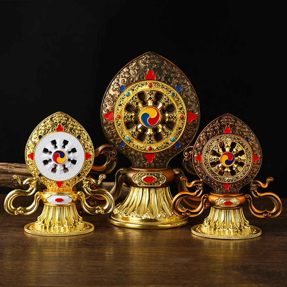 Tibetan Dharma Wheel, Enamel‑Painted Auspicious Dharma Wheel, Seven Royal Treasures, Tantric Ritual Decor for Home Buddhist