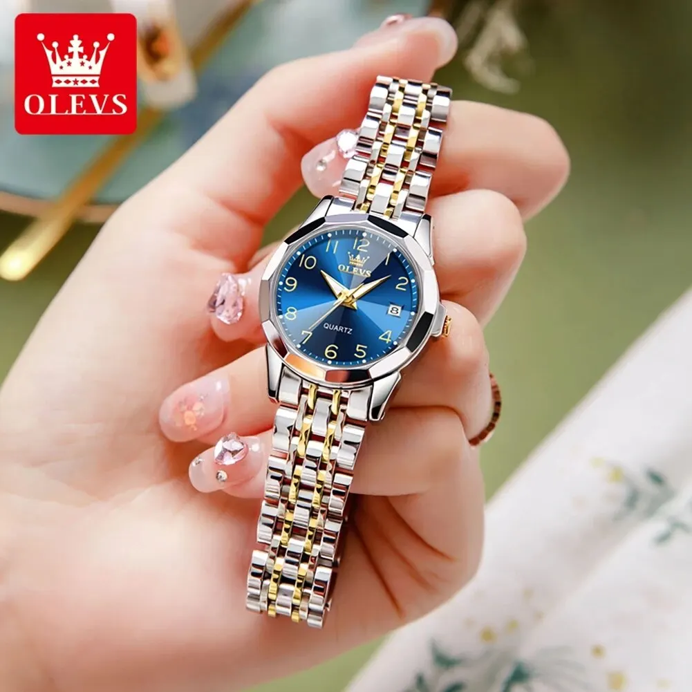 OLEVS 9970 Original Luxury Quartz Watch for Women Rhombus Mirror Digital Dial Calendar Stainless Steel Waterproof Wrist Watches