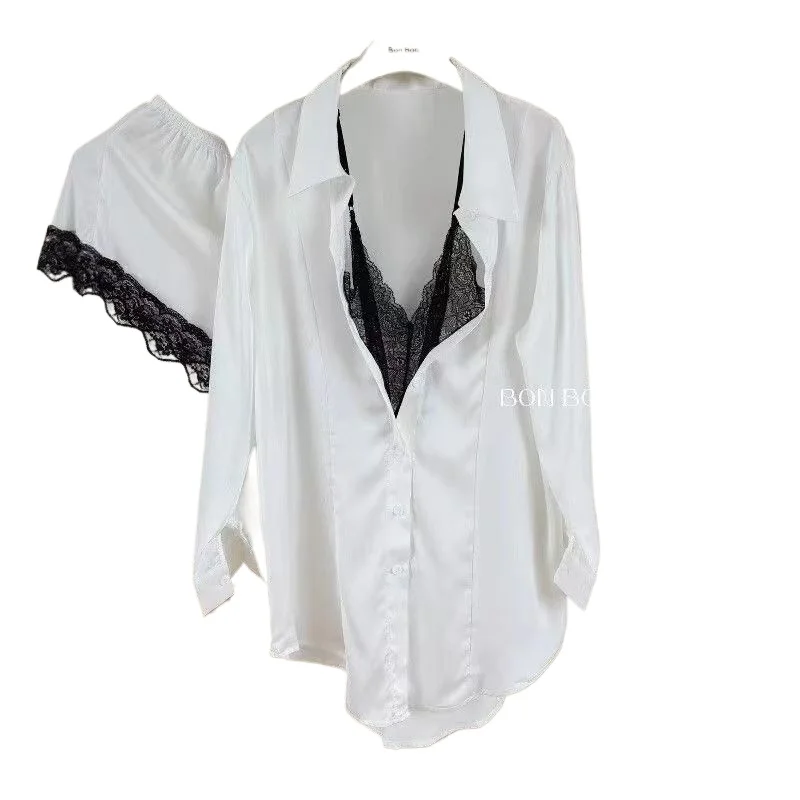 Women's Summer High-end Loungewear Pure Desire Temperament Long-sleeved Shorts Two-piece Set Satin Ice and Snow Silk Pajamas 2