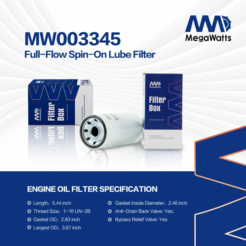 

MW003345 Мегаватт, спиральные смазочные фильтры, замена Fleetguard LF3345 P558616, Baldwin BT247, Bobcat 1992368