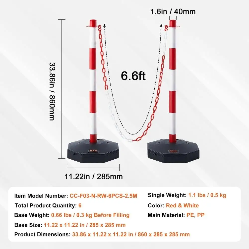 Adjustable for traffic Delineator Post Cones, 6 Pack, for traffic Safety Delineator Barrier with Fillable Base 6.6FT Chain, for