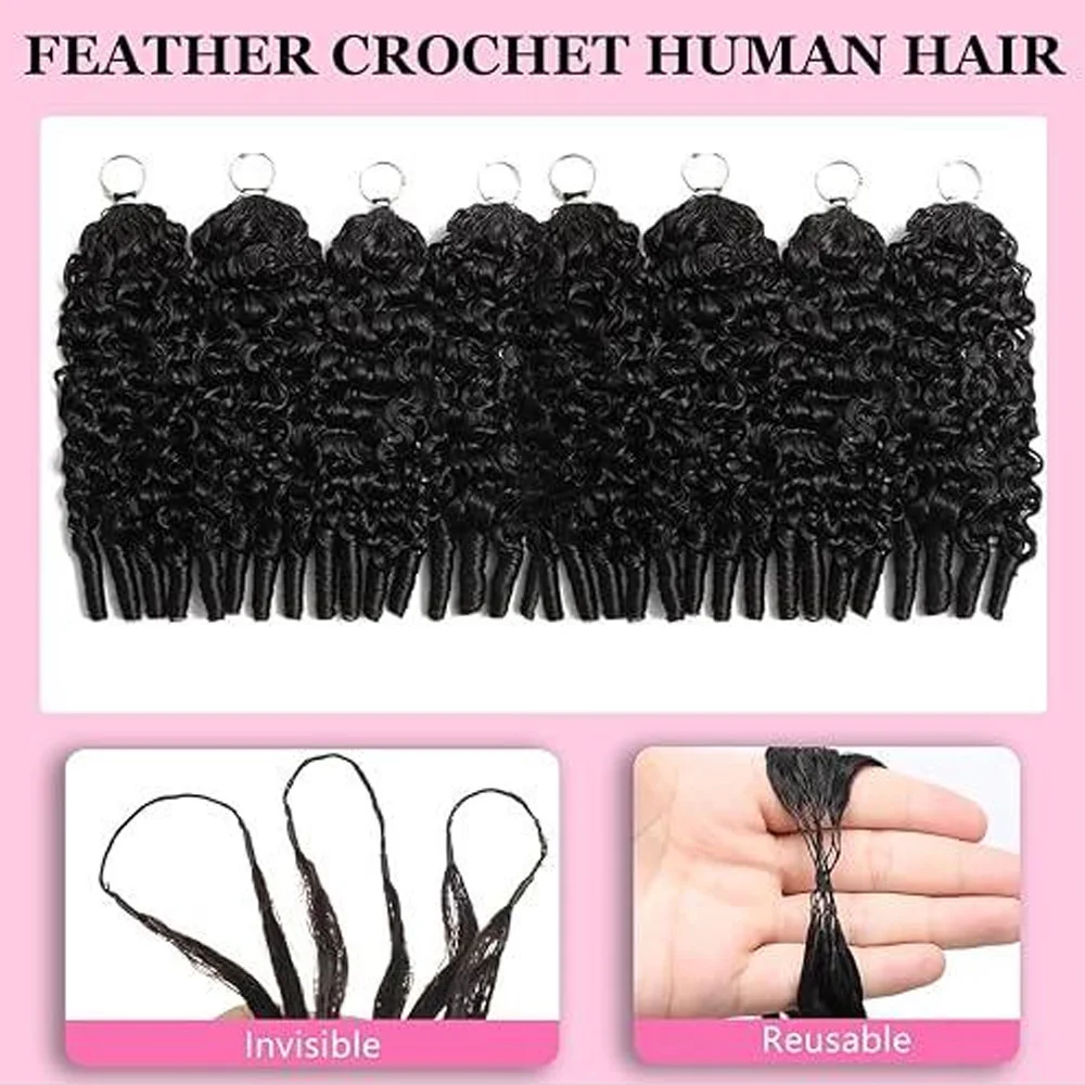 12A Natural Black Burmese Curly Pre-Looped  Feather Crochet Hair Extensions 100% Human Hair Pre-Separated Invisible Feather-Line Crochet Hair For Braiding Knotless Boho Braids with Spiral Ends Soft Fluffy Daily Wear For Women And Girls - view 4