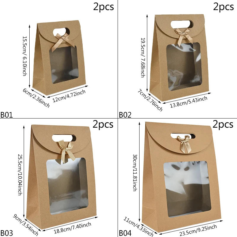 2pcs Kraft Paper Portable Gift Bags Multi-Size Candy Gift Packaging Box with Clear Window Wedding Favors Birthday Party Supplies