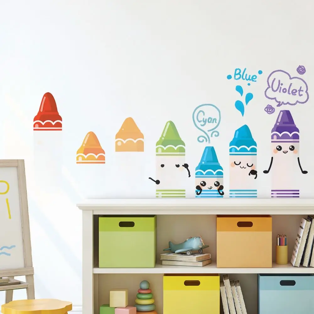 Creative Colorful Crayon Wall Decals Kids Room Kindergarten Wall Art Decoration Self Adhesive PVC Sticker Wall Murals
