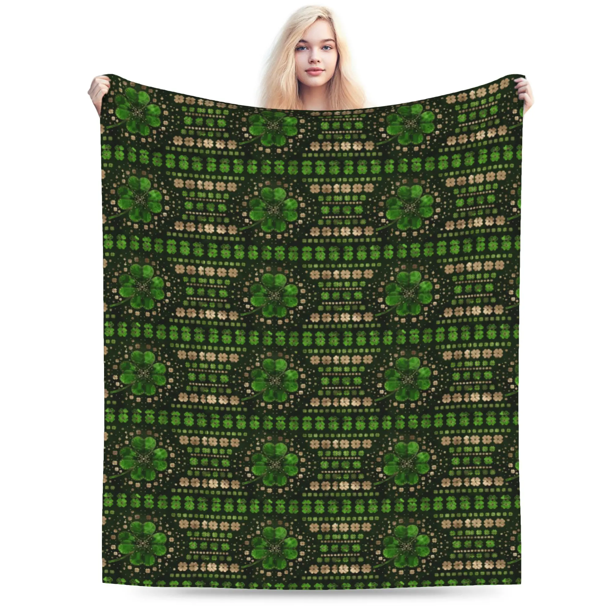 Custom Shamrock Four Leaf Blankets Warm Flannel St Patricks Day Throw Blanket for Bedding Couch Quilt