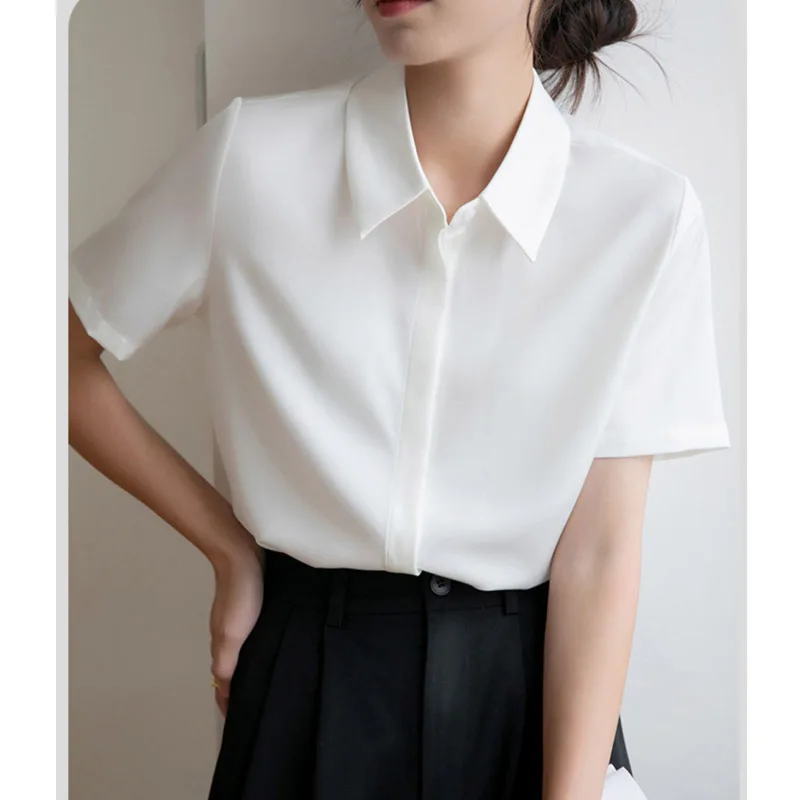 

Summer Elegant Chiffon White Office Women's Blouses 2025 New Short Sleeve Single Breasted Casual Loose Shirts for Womens