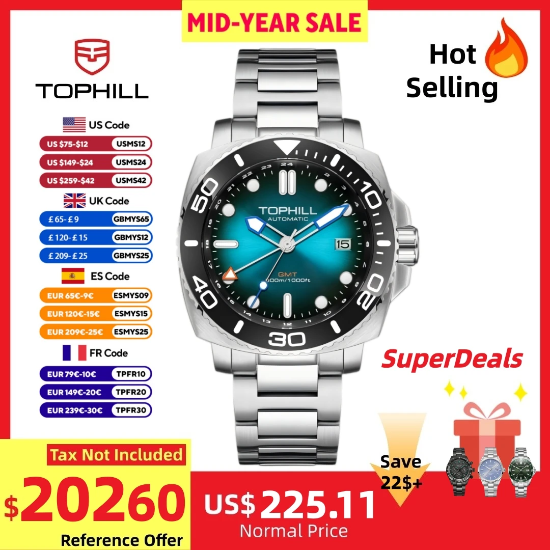 

TOPHILL 43mm NH34 GMT Men Watch Automatic Mechanical Wristwatch 300M Dive Sapphire Ceramic Bezel Luxury Luminous 3H Date TD012G