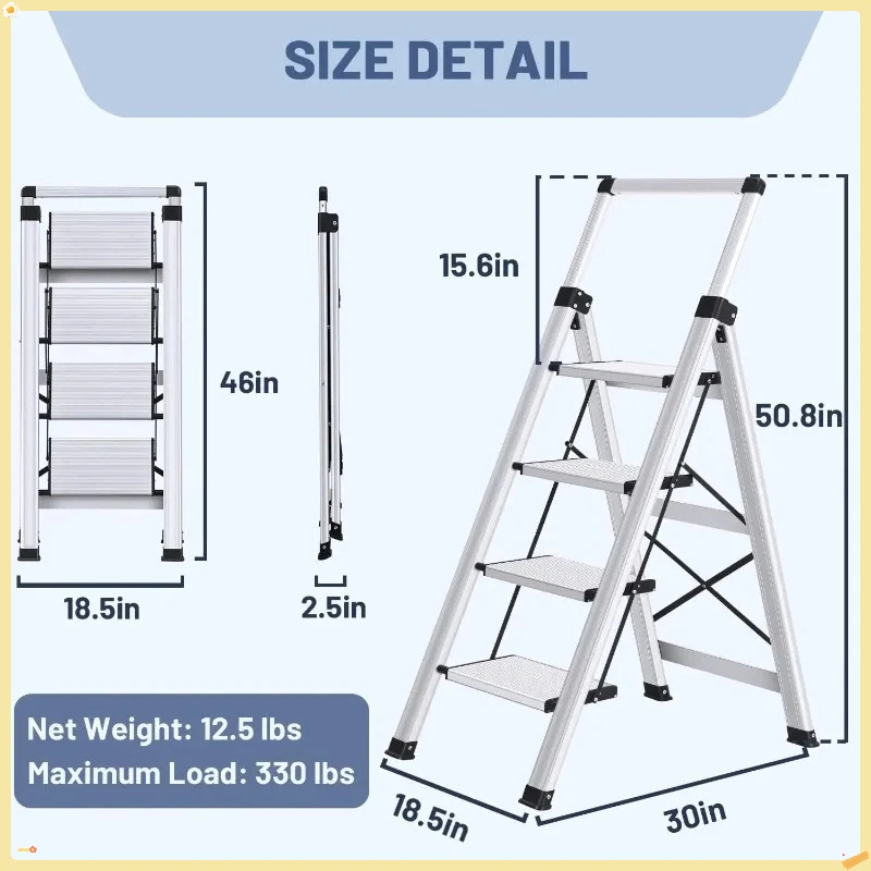 سلم ألومنيوم 4 خطوات - مقبض يد قابل للسحب، دواسة واسعة مضادة للانزلاق - 330 رطل، للاستخدام المنزلي
