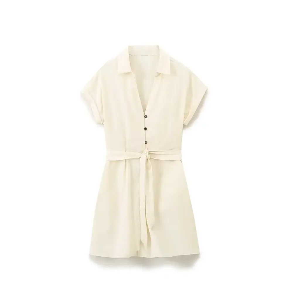 

Women's New Chic Fashion With belt Casual Single breasted Lapel Midi Dress Retro Short Sleeve Side Pocket Women's Dress Z0145