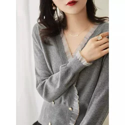 Women's Clothing Knitted Knitted Lace Patchwork Spring Autumn V-Neck Button Casual Loose Office Lady Fashionable Korean Tops
