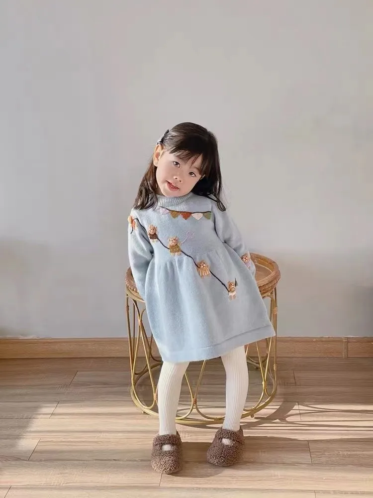 فستان الفتيات الخريف/الشتاء الأطفال هوديي محبوك سترة مطرزة أنيق فستان السنة الجديدة فستان الأميرة