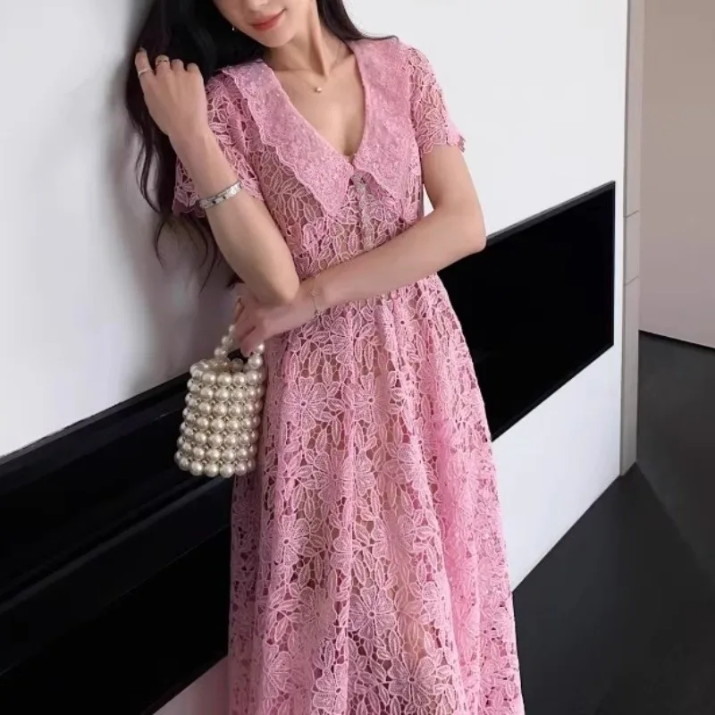 Pink Lace Women Dress Bodycon Runaway Design Diamonds Button Hollow Out Elegant Women's Dresses Evening Party Vestidos Summer