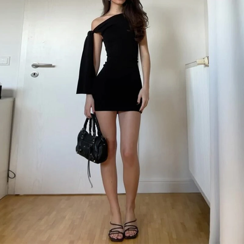 OMSJ Sexy Asymmetrical Off-shoulder Slanted Collar Strappy Ruched Bodycon Fashion Solid Casual Package Hip Mini Dresses Clubwear