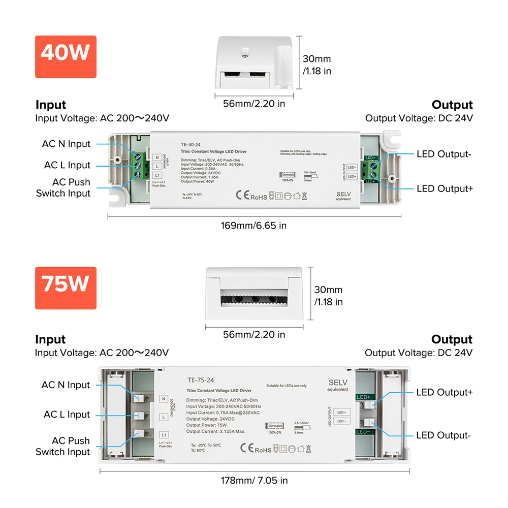 Triac LED Driver Constant Voltage Dimmer AC200V AC240V to DC24V 40W 75W Transformer Adapter FCOB Strip Light Dimming White IP20