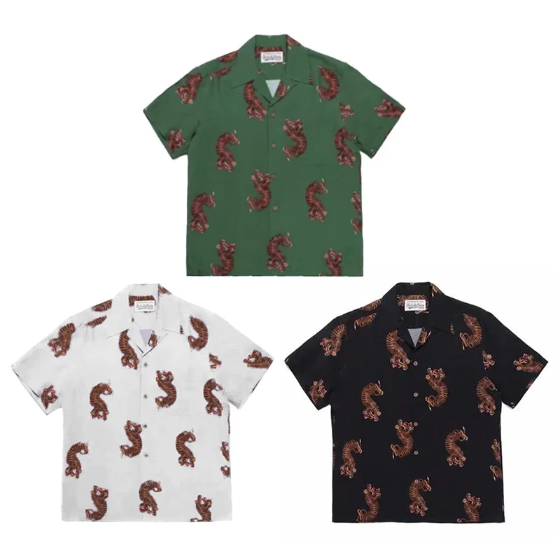 

WACKO MARIA Downhill Tiger Tiger Hawaii Short Sleeve Shirt Black White Green Casual Cuban Neck Mens Womens Summer Shirt