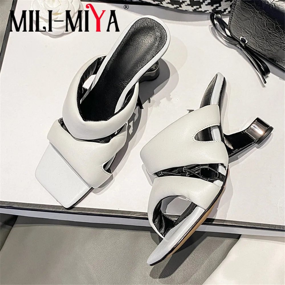 

MILI-MIYA New Arrival Strange Heels Women Microfiber Sandals Solid Color Slip On Fashion Square Toe Dress Party Summer Shoes