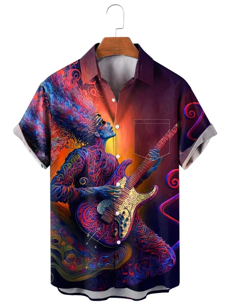 Hawaiian Shirts For Men Casual Tees Vintage Pattern Short Sleeve Top Summer Fashion Shirt Guitar Print T-Shirt Men's Clothing