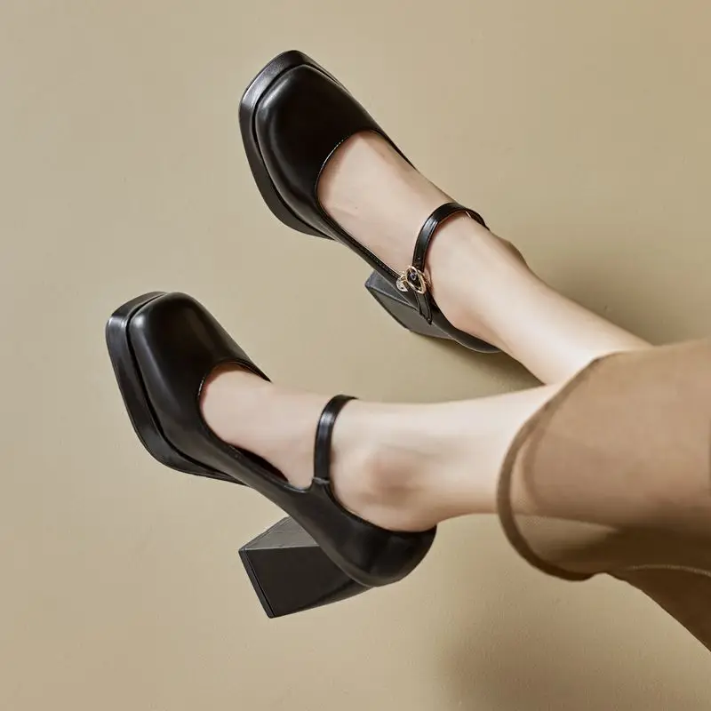 REAVE CAT Silver Mary Janes Women Pumps Square Toe 9cm Block Heel Platform Buckle Strap Plus Size 43 44 45 46 Sweet Dating Shoes