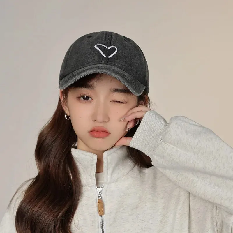 Baseball Hat Spring/Summer Hat Female Embroidered Peach Heart Wash Denim Casual Korean Thin Couple Soft Top Duck Hat Male