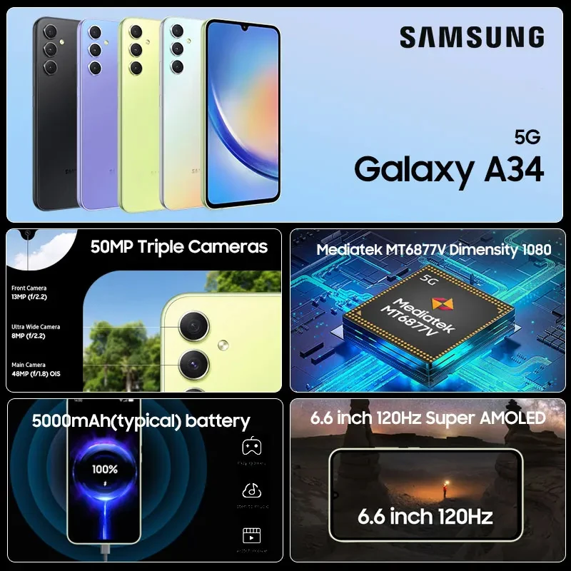 Imagem -02 - Samsung-smartphone Galaxy A34 5g Nfc Octa Core 6.6 Display Amoled 120hz Câmera Tripla de 48mp Ois Bateria 5000mah Celular