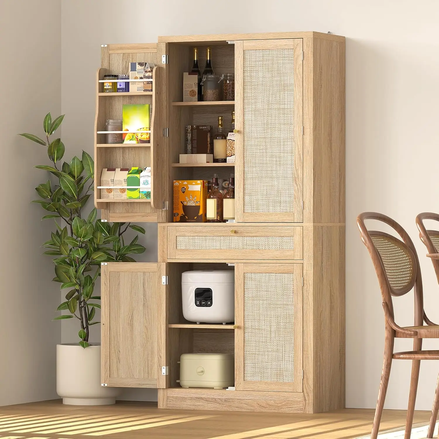 Kitchen Pantry Cabinet with Rattan Doors, 70'' Tall Pantry Cabinet, Freestanding Cupboard, Adjustable Shelves