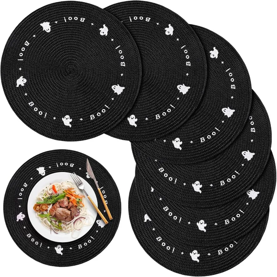 

6 шт. пластиковые салфетки для Хэллоуина, круглые вышитые коврики с призраками, 13,5 дюймов, черные моторошные призраки, ужин, моющиеся коврики для стола K
