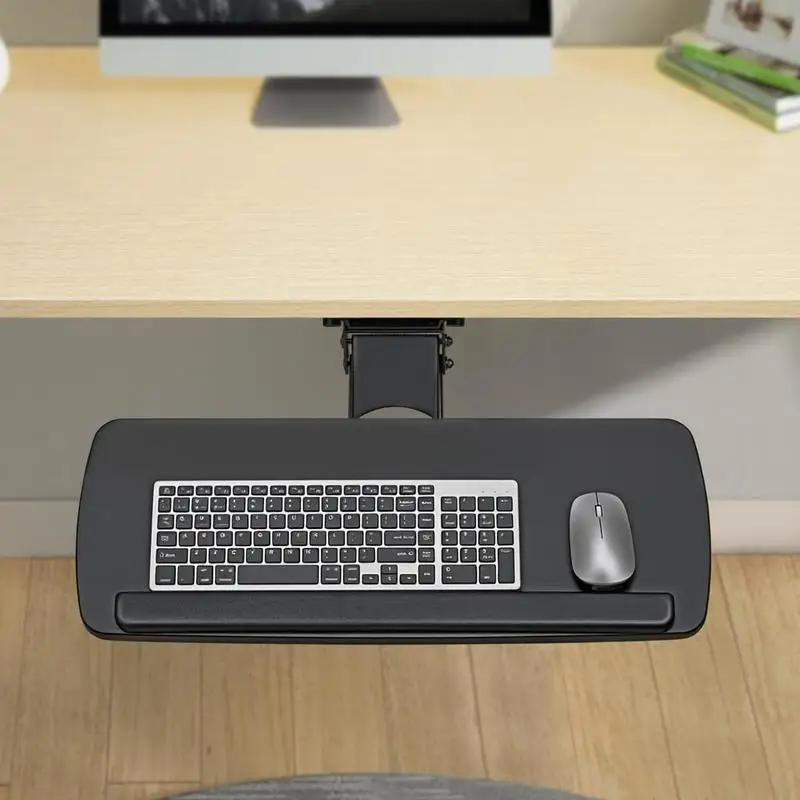 Support de clavier coulissant 67 x 29 x 13 cm en panneau MDF et cadre en acier carbone, réglable en hauteur et en angle, pour bureau, maison, espace de travail moderne, rangement ergonomique, PC, studio, design
