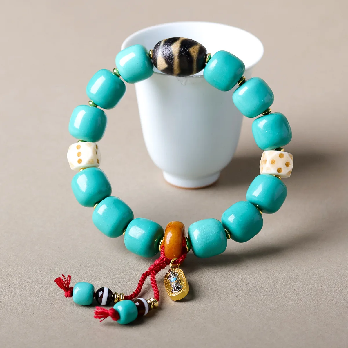 Magnesite loose stone barrel bead bracelet cultural artifact,double tiger tooth dZi bead bone dice,Vajra staff pendant, bracelet