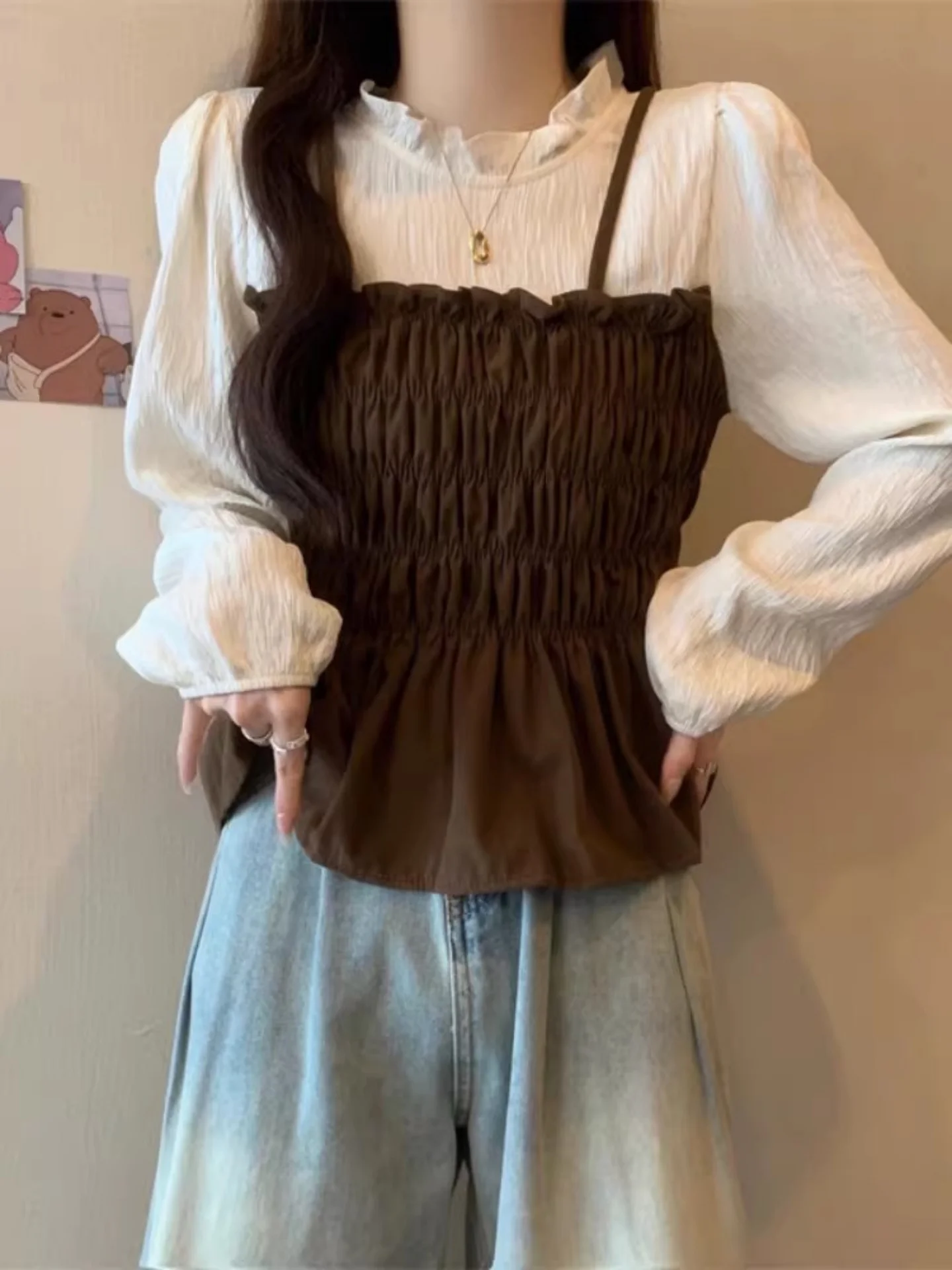 

Slimming ort Svel Women's irt Spring 2026 Faionable Korean Sle Long Sve round Ne Casual Top for Younger Look