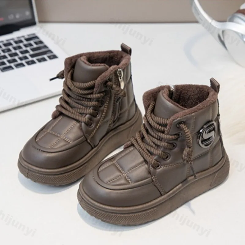 Sepatu Bot Salju Anak Laki-laki Musim Dingin 2025, Model Tinggi, Berbahan Plush Hangat, Sol Tebal, Katun, Fashionable, Serbaguna, Nyaman, dan Kokoh