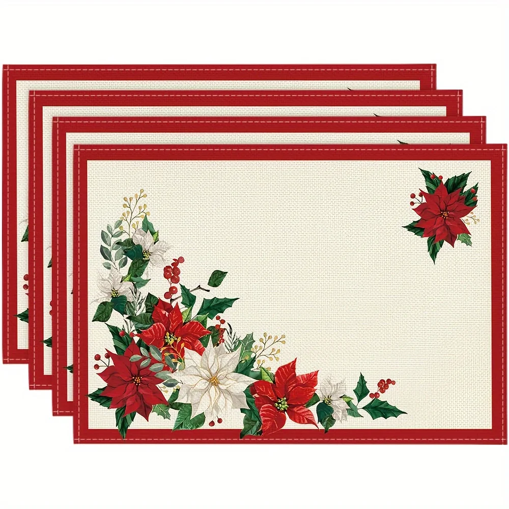 4-piece set of beige leaf Christmas potted plant placemats, 12x18inch seasonal winter party kitchen table decoration