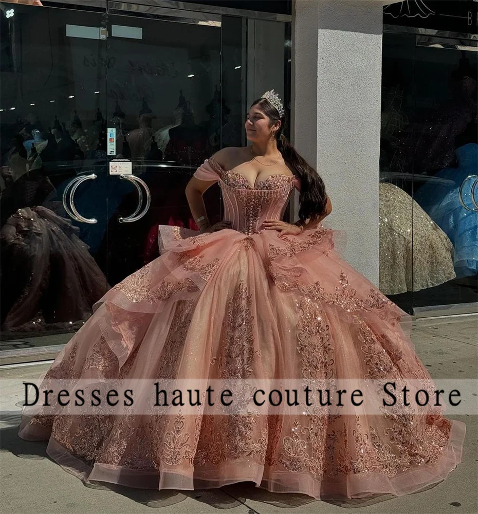 

Glitter Pink Tulle Beads Sweetheart Quinceanera Dresses Ball Gown 2024 Mexican Lace Appliques Crystal Sweet 16 Dress Birthday