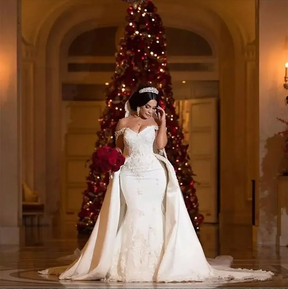 Personalize vestidos de casamento de renda frisada sereia vestidos de noiva trem destacável fora do ombro apliques marfim cetim vestido de noiva