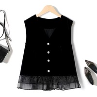 TingYiLi Button Front Ruffle Trim Black Velvet Vest Women Spring Autumn Sleeveless Jacket Coat Elegant Ladies Cardigan Top
