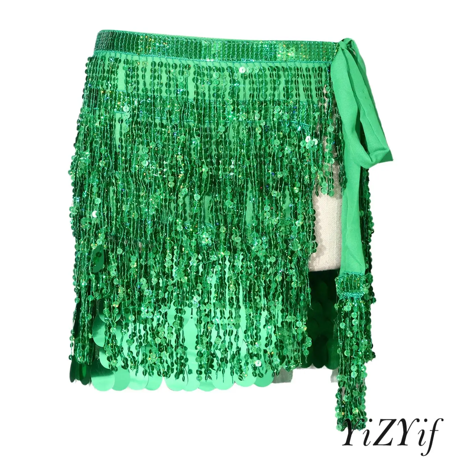 Women Sequin Fringe Skirt Sparkly Tassel Hip Scarf Wrap Adjustable Mini Skirt Dancewear for Belly Dance Stage Performance Club