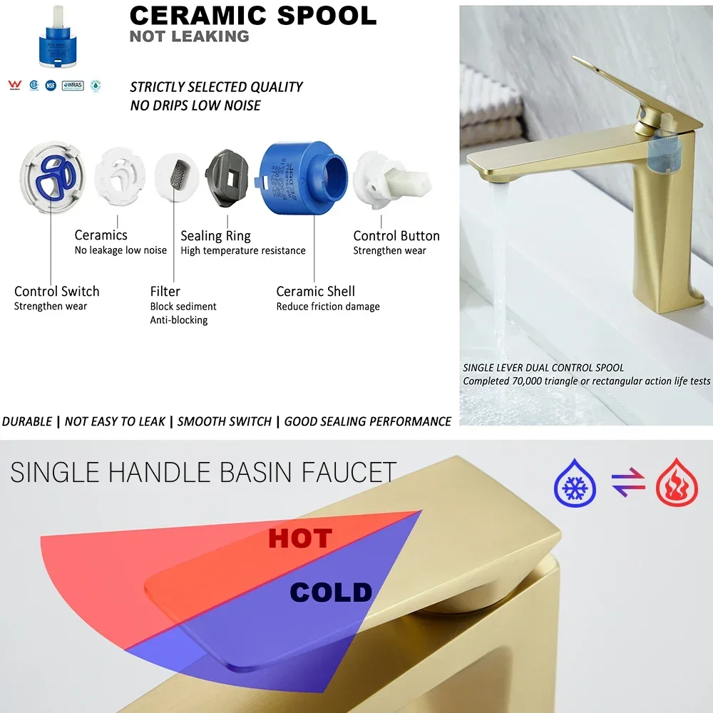 Bagnolux Brushed Gold Matt Black Brass Casting Deck Mounted Bathroom Basin Faucet Single Handle Mixer Hot and Cold Water Taps view 5