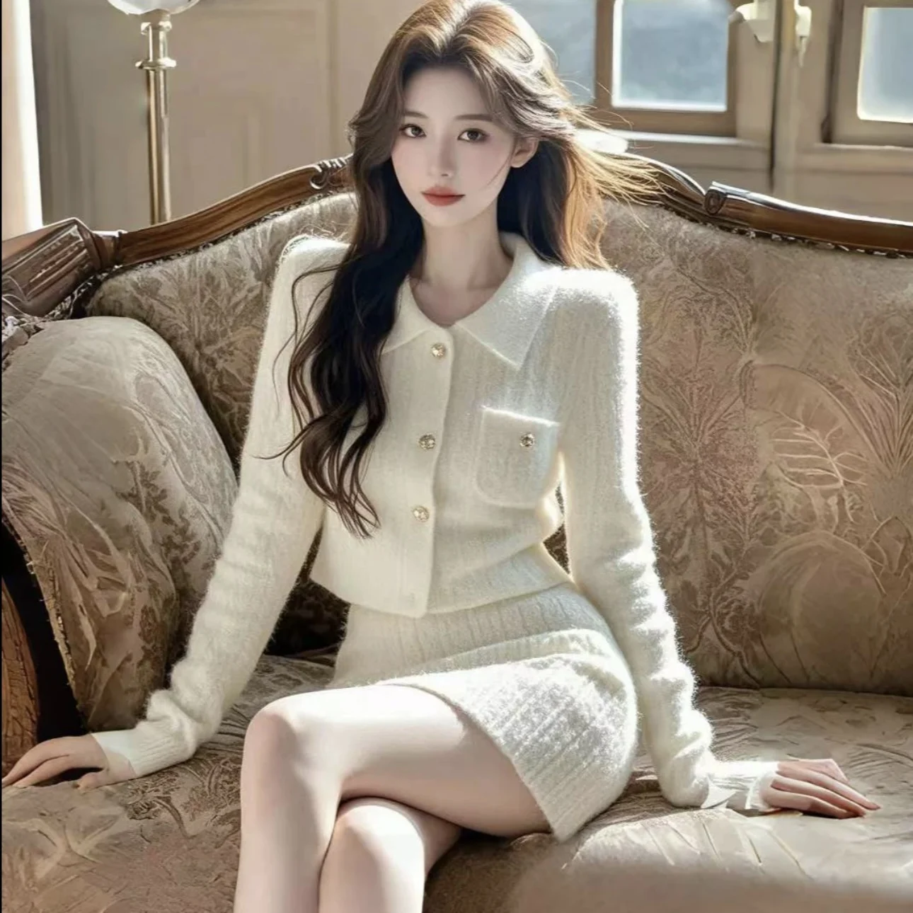 

Sweet Hot Girl Suit Women's Autumn Turn-down Collar Short Knitted Cardigan High Waist Skirt Two-piece Set Fashion Female Clothes
