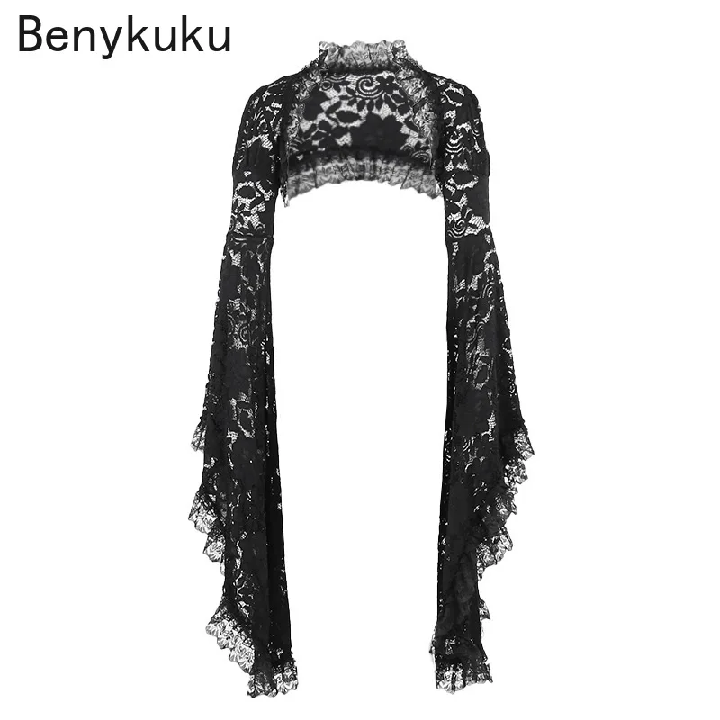 Gothic Lace Shrug Cover Up Women Vintage Classic Cardigan See Through Flare Sleeve Crop Top Coat Y2k E-girl Emo Alt Rave Outfit