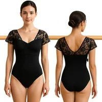 Leotardos de baile de Ballet de manga corta de encaje para mujer, Tops de baile de gimnasia para adultos con cordón, cuello en V y espalda hueca