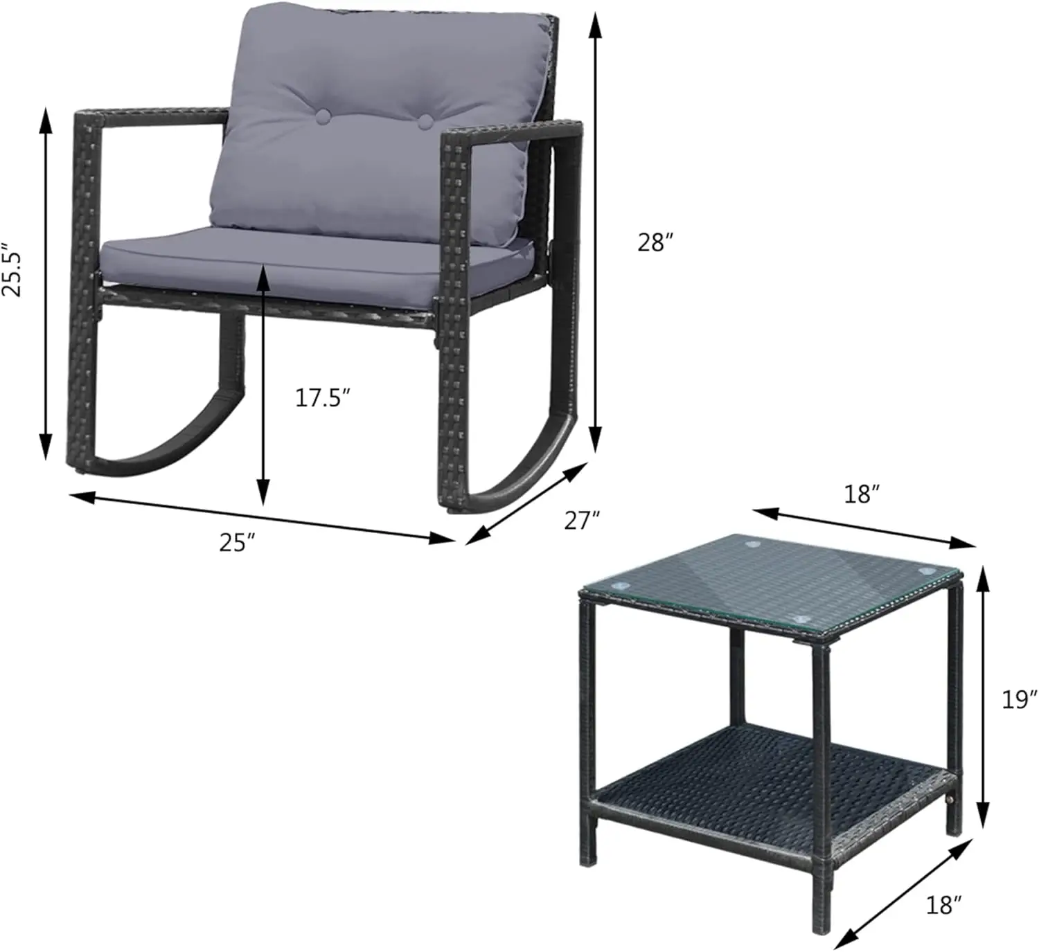 Patio Furniture Set, Rattan Rocking Chair and Glass Coffee Table with Cushions, Outdoor Wicker Conversation Bistro Set