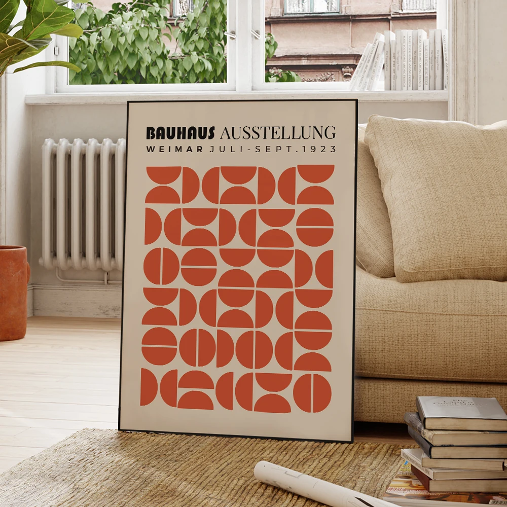 لوحة قماشية هندسية حديثة ، باوهاوس تجريدي ، دوائر نصف دائرية برتقالية ، فن جداري ، مطبوعات بإطار ألومنيوم ، ملصق لغرفة المعيشة ، ديكور منزلي #2