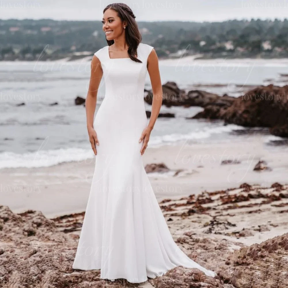 

Customized Wedding Dresses Simple Boho Satin Bridal Gowns Mermaid Cap Sleeve Button Bride Robe Vestidos De Noiva