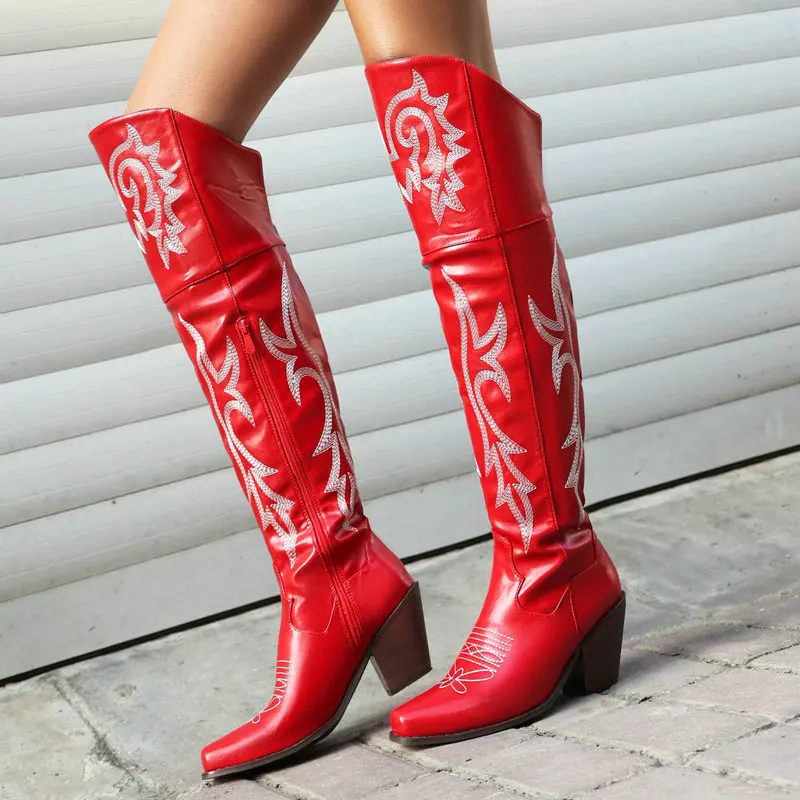 Brown Embroider Knee-high Boots 2024 New Winter Western Cowboy Boots With Side Zip Girl Knight's Boots