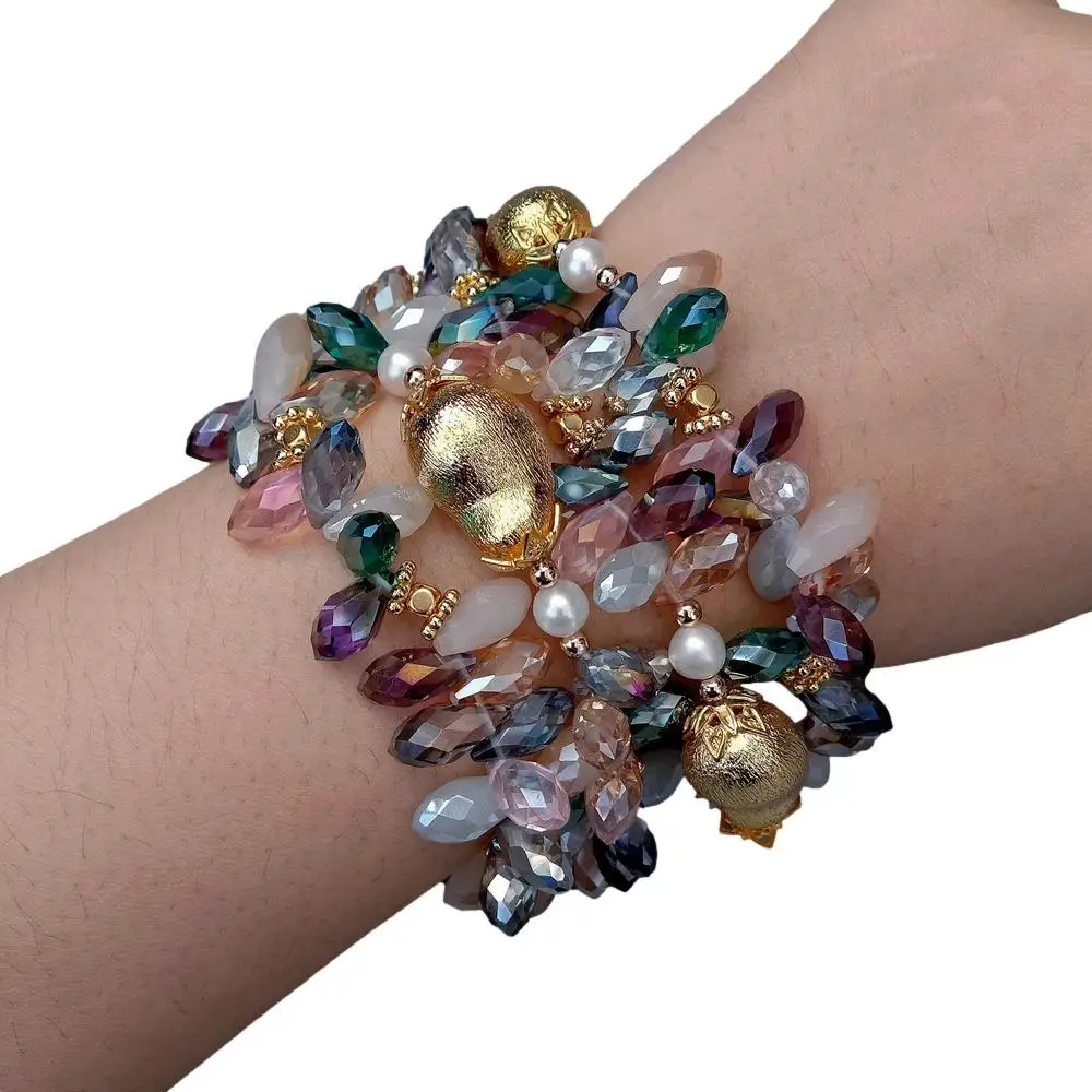 

YYGEM 4 Strands 6x12mm Multi Color Crystal 13x20mm Brushed Bead White Pearl Bracelet Designer Jewelry