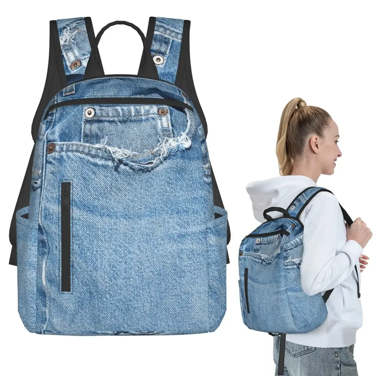 Photograph Of Old Jeans ONLY - Not Real Backpack Student BookBag Kids School Bag Laptop Shoulder Bags Men Women