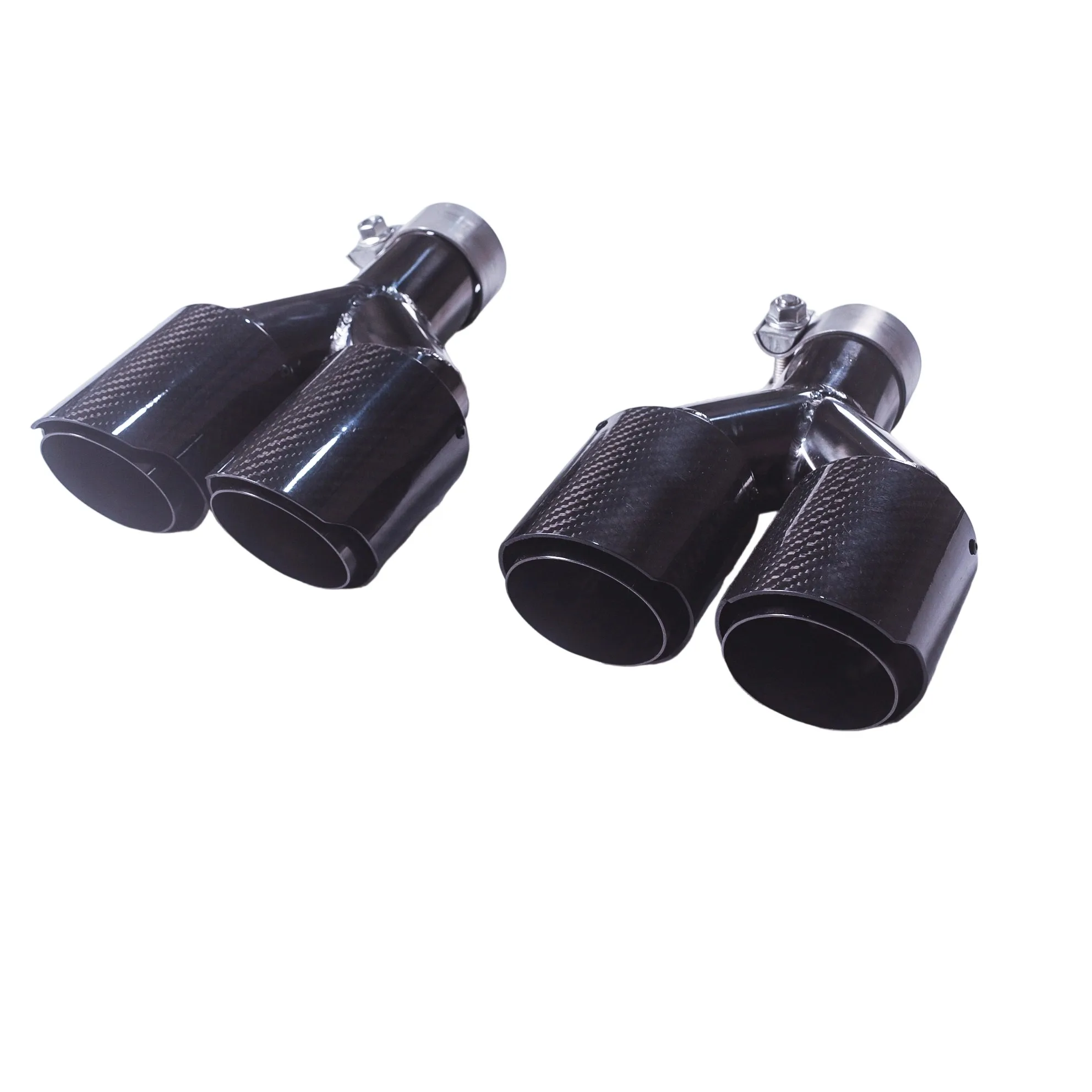 Ujung knalpot serat karbon glossy berbentuk Y dengan dua lubang keluar, dekorasi nozzle knalpot, universal stainless steel