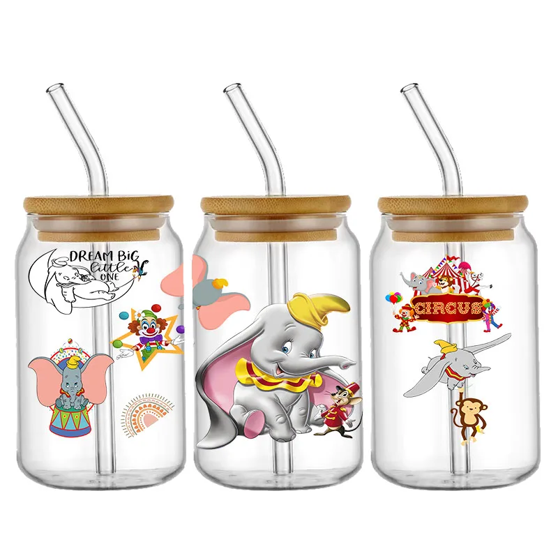 Disney Dumbo 3D Waterproof UV DTF Cup Wrap for 16Oz 10OZ Libbey Glass Can DIY Transfer Sticker