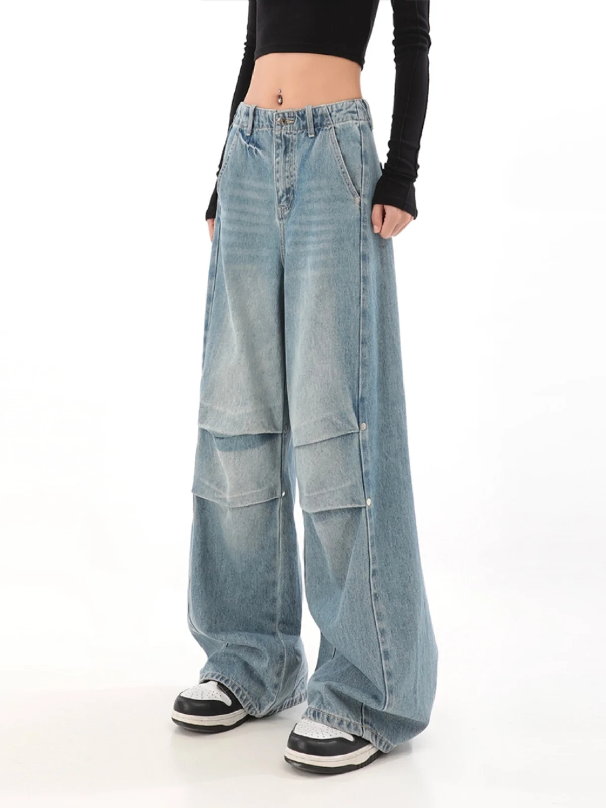 WCFCX STUDIO Vintage Blue Jeans Street Fashion High Waist Multi-pocket  Washed Jeans Couple Harajuku Casual Wide-leg Pants